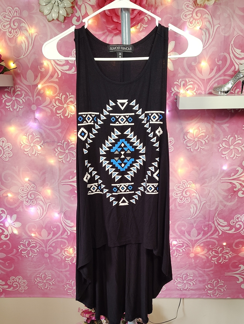 Almost Famous Black High-Low Tank with Blue & White Aztec Print